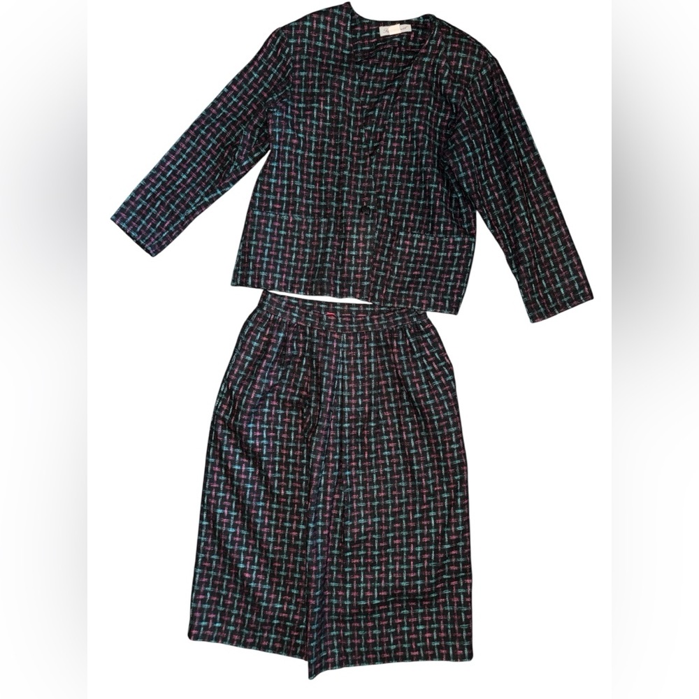 Tailor Sport Vintage 1980s Two Piece Skirt Suit Blazer Set Wool Blend